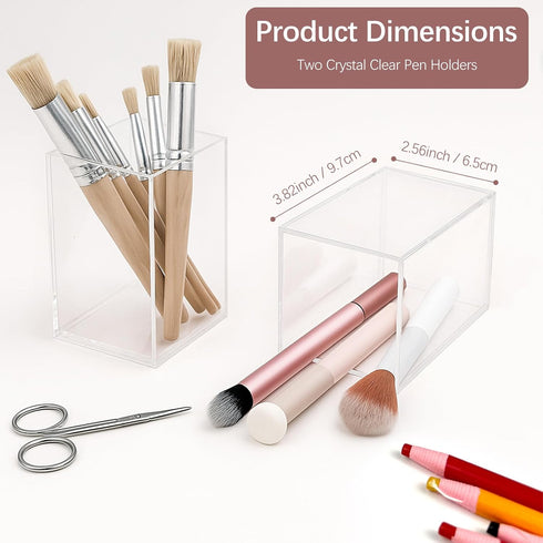 Attkryy Set 2, Clear Acrylic Pen Holder Cup of Simple Modern Desktop Organizer for Stationery, Makeup Brushes, Office