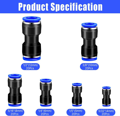 120 Pcs Straight Push Connectors, 4 6 8 10 12 mm Air Hose Fittings Quick Release Pneumatic Connectors Plastic Push to Connect Fittings Kit Straight Tube Air Line Fittings by Aemygo