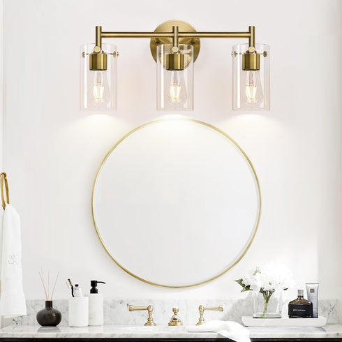 3-Light Indoi Bathroom Light Fixtures, Brass Vanity Light, Black Bathroom Lights Over Mirror with Clear Glass Shade
