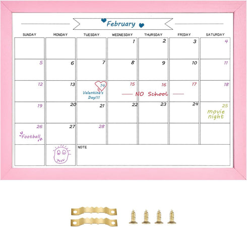 Dry Erase Monthly Calendar Board, Magnetic Whiteboard for Wall, Office/School/Home, Solid Wood Pink Frame Hanging Board