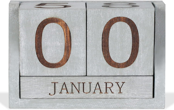 Wooden Desk Calendar - Perpetual Date Block for Teachers, Office Decor with Rustic Vintage Number Cubes