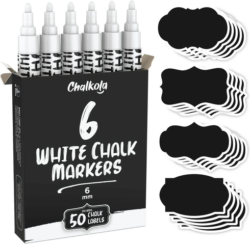 Chalkola White Chalk Markers, 6 Pack Dry Erase Liquid Pens for Chalkboard, Window, Bistro, Signs, 6mm Tip + 50 Labels