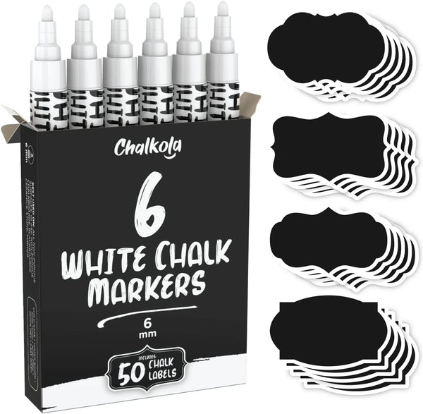 Chalkola White Chalk Markers, 6 Pack Dry Erase Liquid Pens for Chalkboard, Window, Bistro, Signs, 6mm Tip + 50 Labels