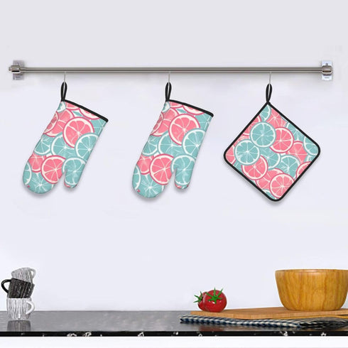 KUZEOLON Pink Blue Citrus Slices Two Heat-Resistant Gloves + one Pot lid mat, Suitable for Kitchen Grilling.