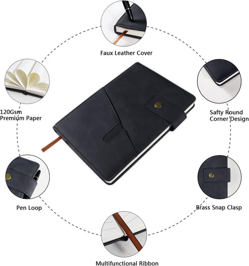 Black A5 Lined Leather Journal Notebook, Personalized Hardcover Set with Pen & Gift Box, 100 Pages for Daily Diary