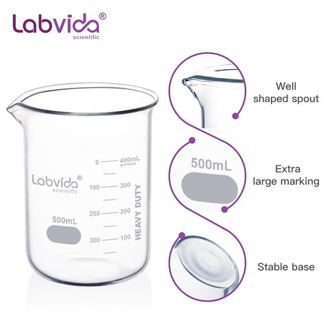6pcs 500ml Upgraded Thick Glass Beakers, Griffin Low Form Beaker Set, Double Scale, 3.3 Boro, LVA013