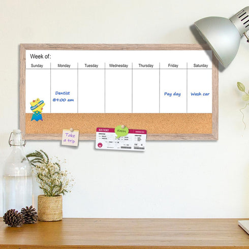 Magnetic Weekly Dry Erase White Board and Cork Board, Rustic Brown Wood Frame for Home Office and Wall Decor
