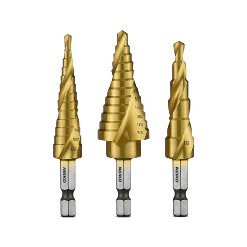 NEIKO 10181A Step Drill Bit Set, 3 Piece, Spiral Grooved for Faster Drilling, Unibit Cone Drill Bits