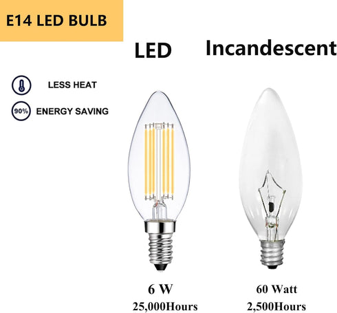 LED E14 Base Light Bulbs, Warm White 2700K, 60W Dimmable, 6W Candle Bulb, 6 Pack