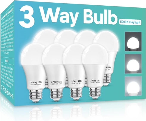 3 Way LED Light Bulbs, 50 100 150W Equivalent, Daylight White 5000K, A19 Three Way Light Bulbs, 8 Pack