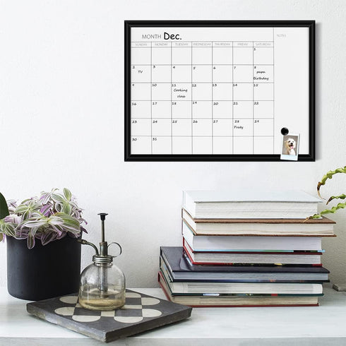 Dry Erase White Board & Monthly Calendar Board - Black Frame, Small Planning Board for Office, School, Home (12" x 16")