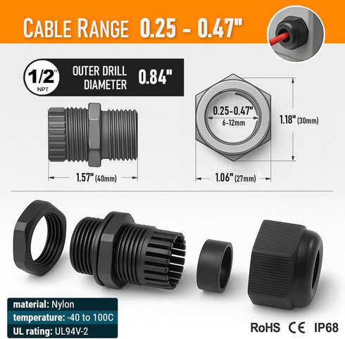 MGI SpeedWare 1/2" NPT Strain Relief Nylon Cord Grip, Black Plastic Grommet 5-Pack