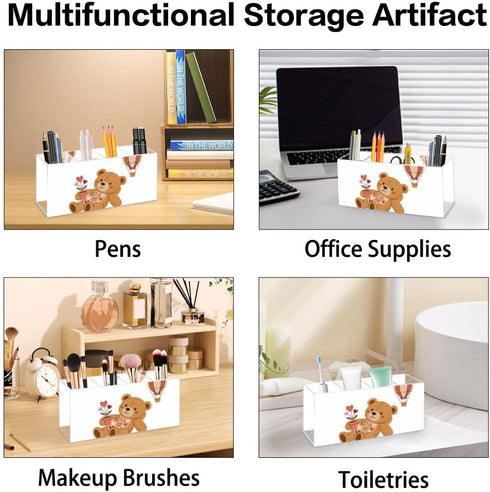 Ainavmxzs 4 Cute Brown Bear Acrylic Bow Pencil Holder With Compartments Hair Stuff Organizer Makeup Storage Bar Cart