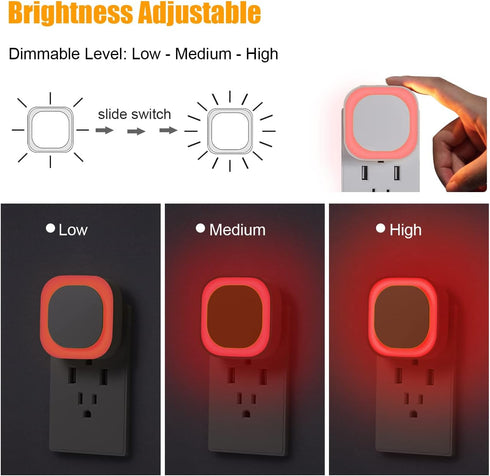 YUNLEX 4 Pack 0% 3-Level Red Night Light with Dusk to Dawn Sensor, Eye-Care Reflected Glow, Blue Light True Red LED