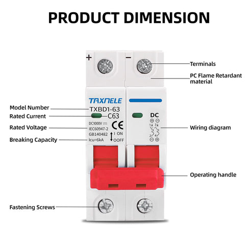 DC Miniature Circuit Breaker 2P 1000V 63A Solar Mini Circuit Breaker Thermal Magnetic Trip DIN Rail Mount