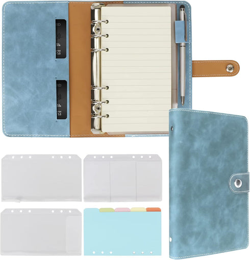 FYY Leather A6 Binder, 6 Ring Notebook, Refillable with Pockets, Blue PU Leather Travel Cover