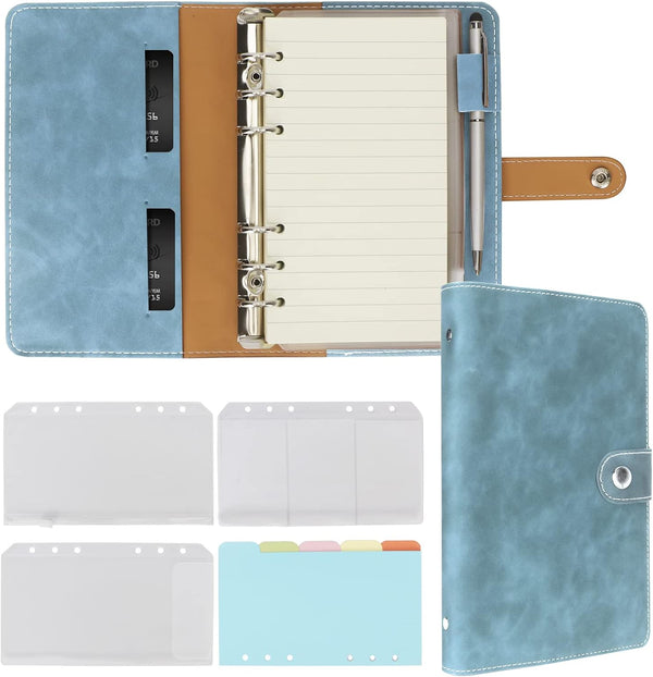 FYY Leather A6 Binder, 6 Ring Notebook, Refillable with Pockets, Blue PU Leather Travel Cover