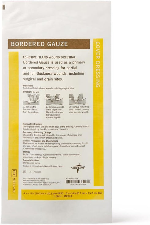 Sterile Bordered Gauze, 4" x 8" with 2" x 6" Pad, Pack of 15 by Medline