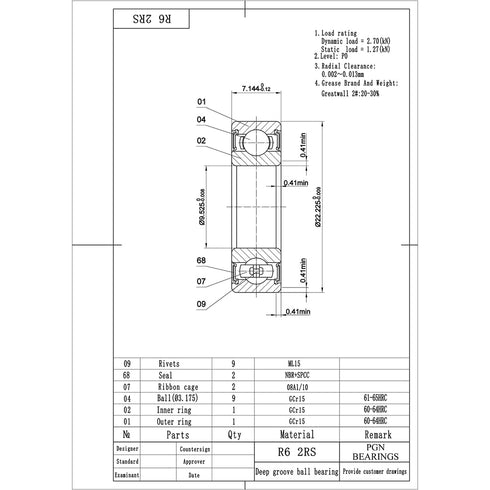 PGN (10 Pack) R6-2RS Bearing - Lubricated Chrome Steel Sealed Ball Bearing - 3/8" x 7/8" x 9/32 with Rubber Seal & High
