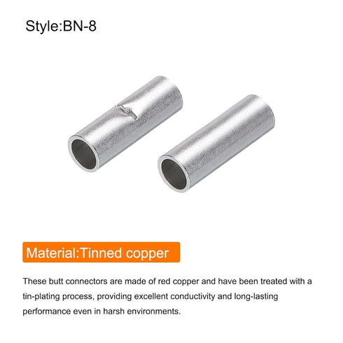 MECCANIXITY 75Pcs Non Insulated Butt Connectors 8AWG Wire Connector BN-8 for Electrical Crimp Ferrule Terminals