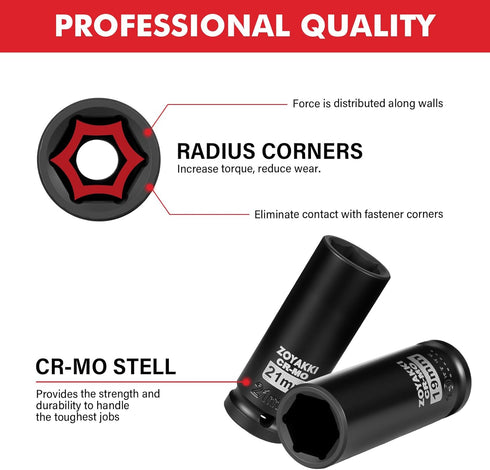 4-Piece 1/2 Inch Set,CR-MO 6-Point 17-19-21-22mm Set Drive Impact Socket Steel Deep Socket,Metric Hexagon Deep Socket