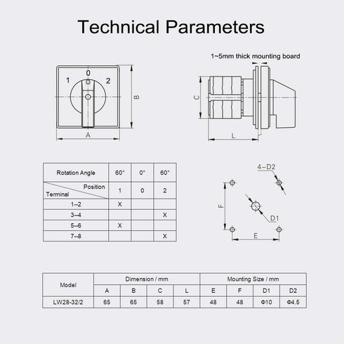 Changeover Switch LW28-32, Universal Rotary Cam Selector, 3 Positions, 8 Terminals, Latching Switches 690V 32A