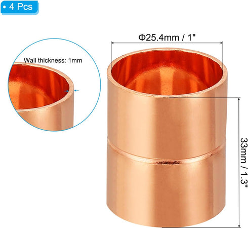PATIKIL 1 Inch ID Copper Coupling Fittings, 4 Pcs Rolled Tube Stop Straight Pipe Fitting Welding Joint for HVAC Air Conditioning Plumbing Refrigeration