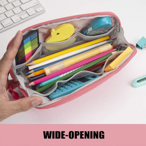 Sooez Lightweight Wide-Opening Pencil Pen Case, Spacious Zipper Stationery Bag with Triangular Design for Adults, Pink