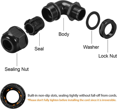 LeMotech M12 Cable Gland, 90 Degree Adjustable 4-8mm Strain Relief Cord Connectors, 2 Pcs, Black