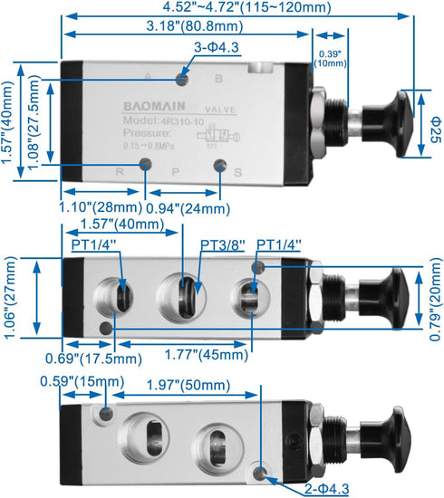 Baomain Hand Pull Valve 2 Position 5 Way G3/8 Air Hand Lever Operated Valve Pneumatic Solenoid Valve Manual Control Push-Pull 4R310-10