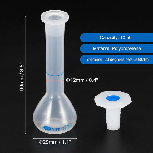 PATIKIL 10ml Volumetric Flask, Polypropylene Graduated Volumetric Measuring Flask with Plug Cap Tolerance 0.3ml for Laboratory Science Experiment, Translucent