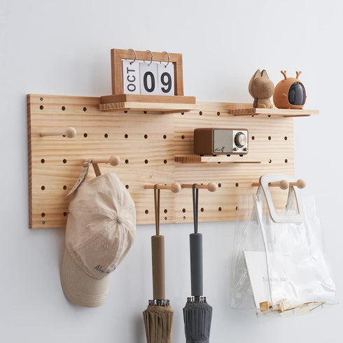 Wood Pegboard Combination Wall Organizer Kit, 2 Pieces Display Pegboard Panel Kits with 15 Accessories for Office,