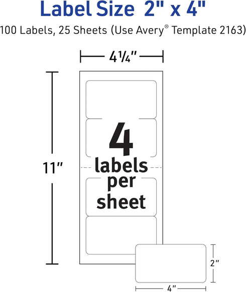 Avery Printable Mini-Sheets Shipping Labels, 2" x 4", White, 100 Blank Stickers, Permanent Adhesive, Laser/Inkjet