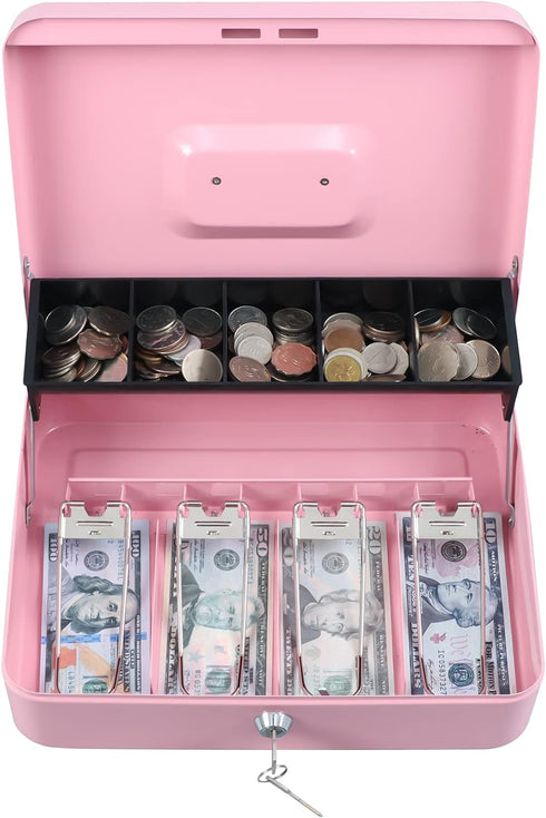 Design,4 5 Slots,11.8" 9.5" 3.5",Pink xydled Cash Box with Money Tray and Key Lock,Tiered, Cantilever Bill / Coin x x