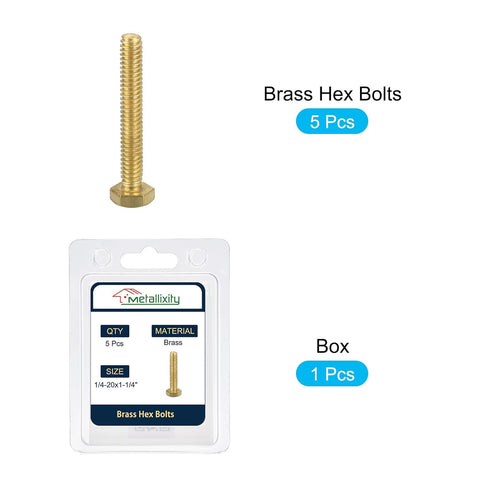 Hex Head Screw Bolt (1/4-20x1-1/4") 5Pcs - Brass Fully Threaded Solid Hex Bolts Machine Screws for Machinery Repair