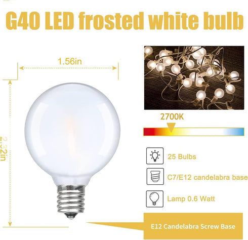 25 Pack G40 Frosted LED Replacement Bulbs, 0.6W Shatterproof LED Globe Light Bulbs, E12 Candelabra Base Frosted White Light Bulbs for G40 Outdoor Patio String Lights Dimmable Vintage LED Edison Bulbs by GOOTHY
