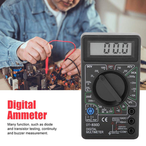 Black DT830D Auto Ranging Digital Multimeter, Continuity Ohm Tester for Transistor and Diode Testing