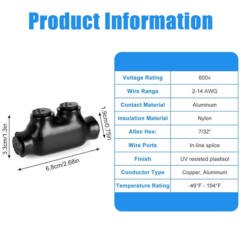 5 Pcs Insulated Wire Connectors Black in-line Splice Connector 2 Port Multi Cable Connector