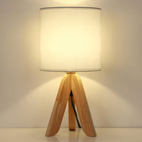 HAITRAL Small Bedside Table Lamp - Wooden Tripod Nightstand Lamp for Bedroom, Living Room, Office, Farmhouse, Home