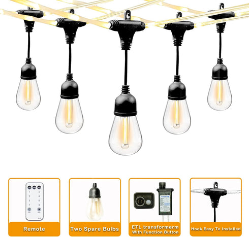 28.2FT, 12 Bulbs Dimmable 2700K, LED Outdoor Edison String Lights Waterproof with Remote Shatterproof with Timer and IC