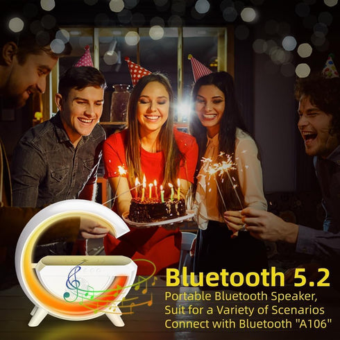 15W Table Lamp with Bluetooth Speaker, G Bedside Light with Wireless Charger, Atmosphere Lighting with Alarm Clock, RGB