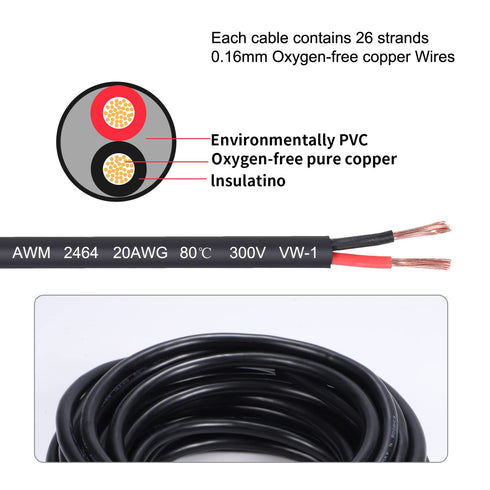 20 Gauge 2 Conductor Electrical Wire 20AWG Stranded PVC Cord 50FT/15.3M Oxygen-Free Copper Cable for LED Strips Lamps