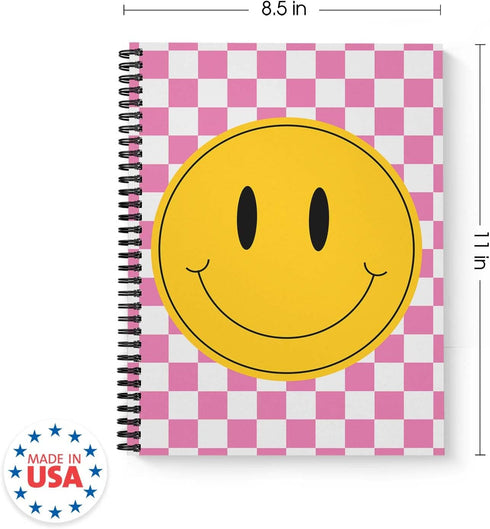 Retro Happy Face Spiral Notebook / 8.5" x 11" Journal / 120 Wide Ruled Pages/Durable Gloss Laminated Softcover/Black Wire-o Spiral Binding/Made in the USA by Gotcha Covered Notebooks