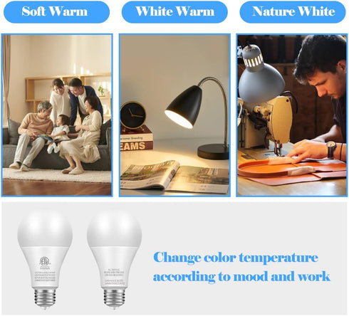 A19 3-Color LED Light Bulbs, 9W (60 Watt Equivalent), Soft Warm, Warm White, Daylight, 2 Pack