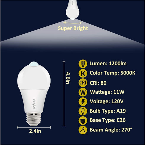 Sengled Bulbs, A19, 5000K Bulb, 11W (75-Watt 2 Pack Motion Sensor Light Daylight Motion Activated Dusk to Dawn Security