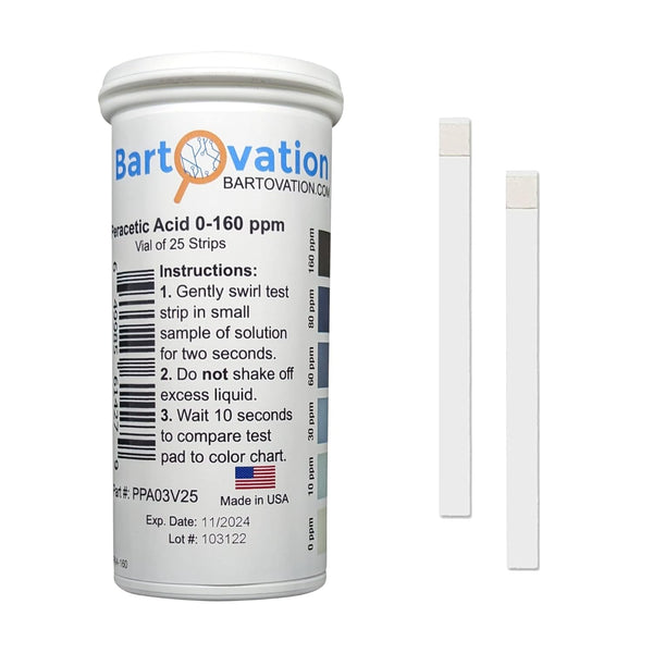 Peracetic Acid Test Strips, 0-160 ppm, Vial of 25 Strips