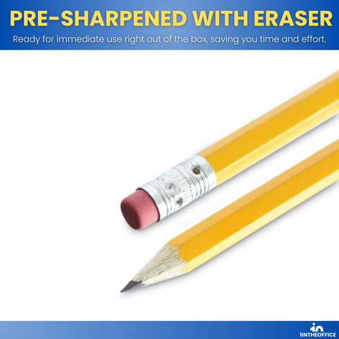 Pre Sharpened Pencils #2, 1InTheOffice, 2 HB, Wood-Cased, Black Lead, Yellow Barrel (144) with Eraser
