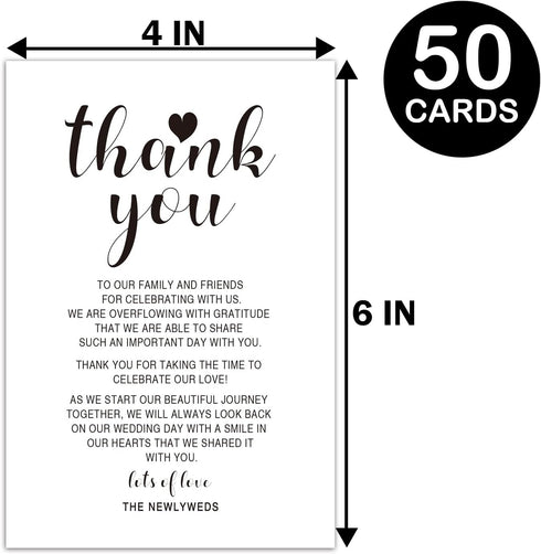 KRUCVOJO 50 Setting 4 6 Inch Wedding Reception Thank You Cards - Place Cards for Wedding, Rehearsal Dinner Table Sign