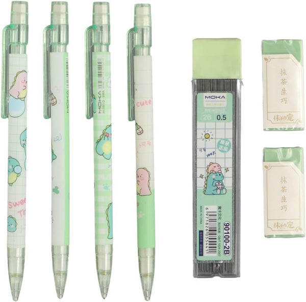 Kawaii Mechanical Pencil Set, 4 Pcs Dinosaur Mechanical Pencils with Tubes, 0.5 mm Pencil Refills and Erasers