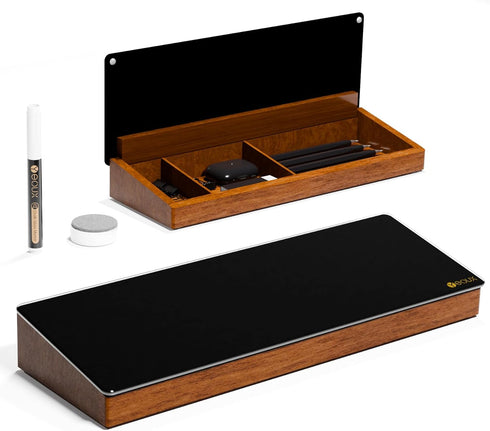 Desktop Black Glass Dry Erase Board with Wood Organizers for Small Office Supplies, Drawer Included